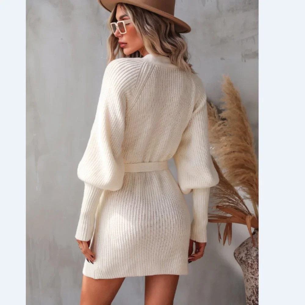 Rib-Knit Lantern Sleeve Belted Sweater Dress - Picture 2 of 16